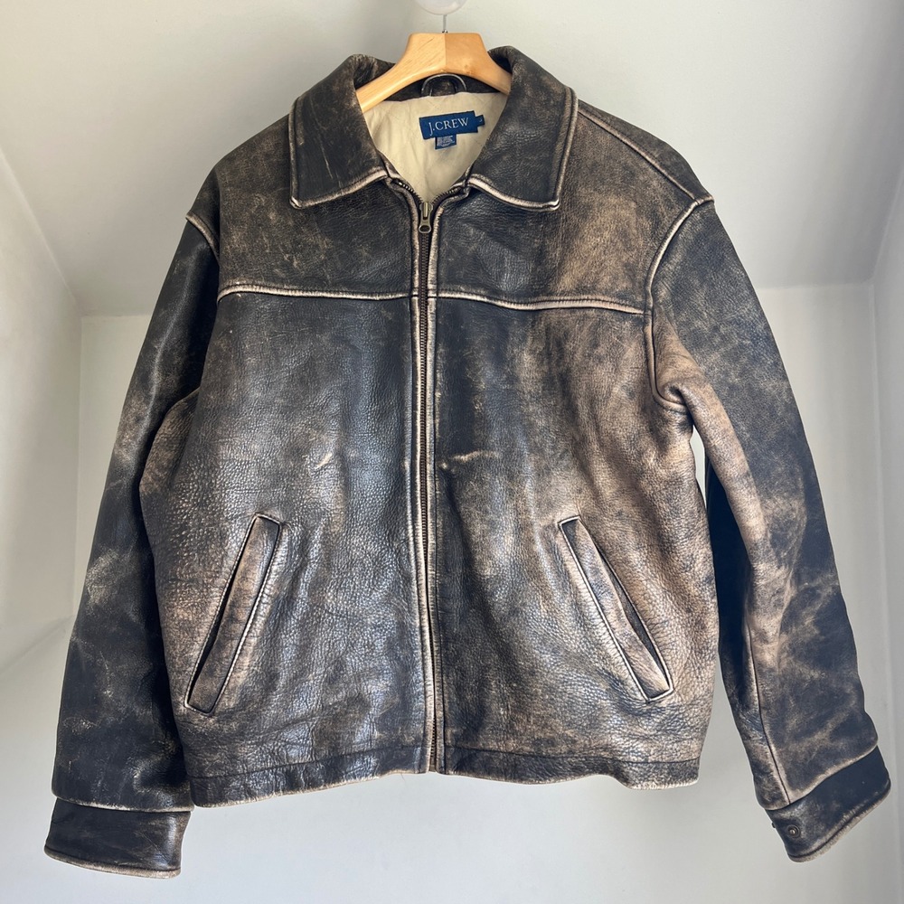 Vintage 90s J. Crew Leather Bomber Jacket Large Brown Worn Distressed Faded - Picture 12 of 12